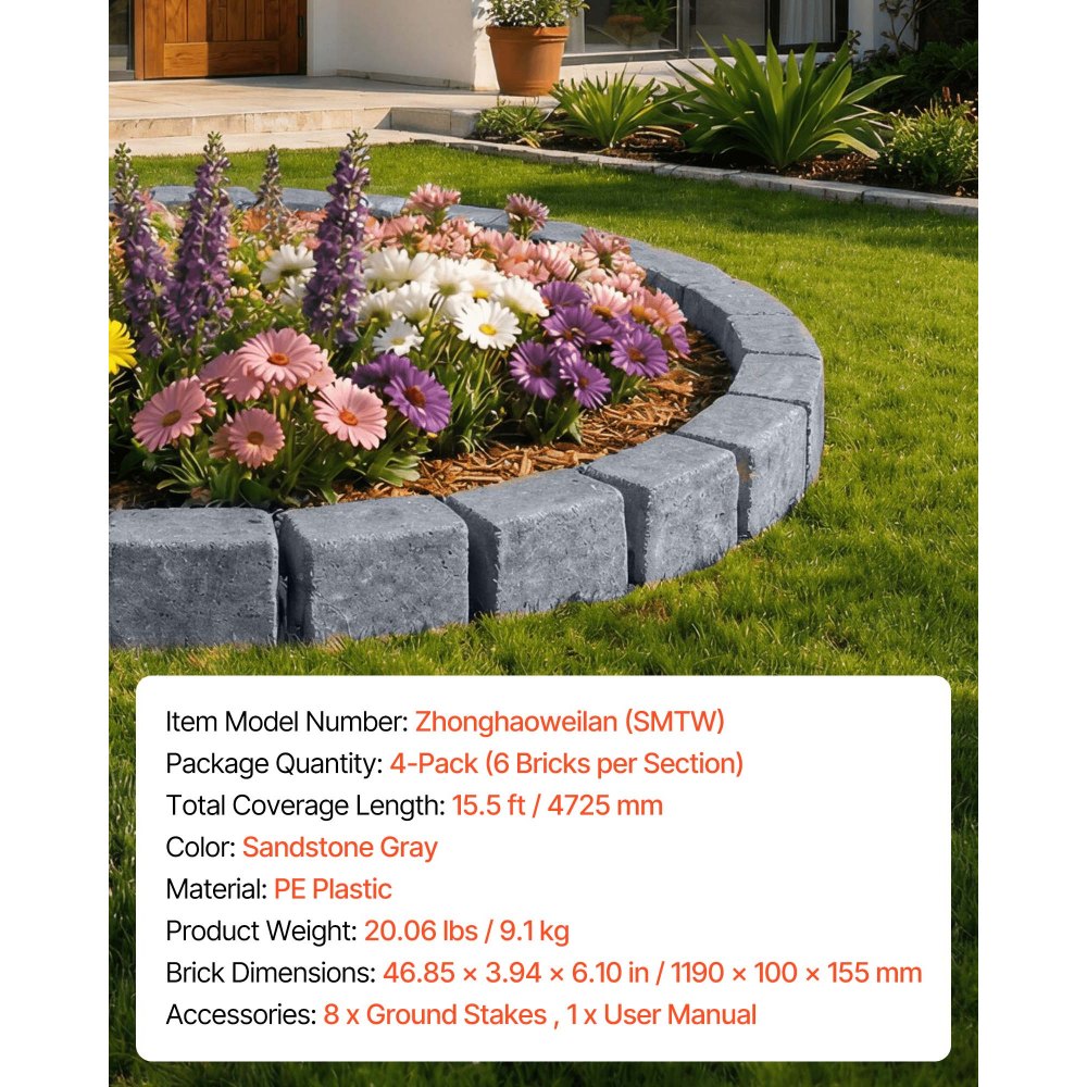VEVOR Faux Stone Landscape Edging, 15.5 ft Kit, No Dig Garden Edging Border, Blocks for Lawn, Flower Beds, Yards, 4 Pack Each Section Has 6 Bricks 46.85"L x 3.94"W x 6.1"H, 8 Spikes, Sandstone Gray