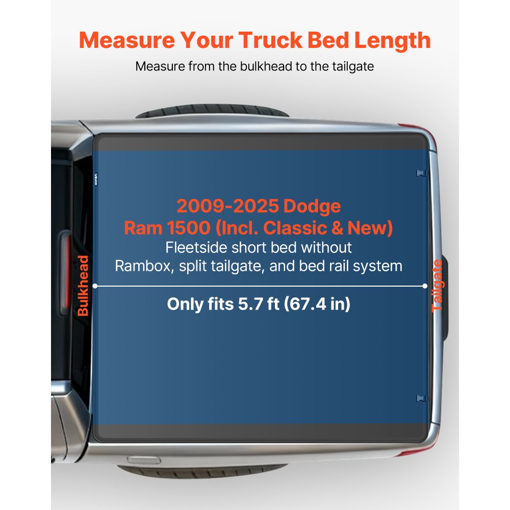 VEVOR Soft Tri-Fold Truck Bed Tonneau Cover, Compatible with 2009-2025 Dodge Ram 1500 (Incl. Classic & New) 5.7 ft (67.4 in) Bed, Fleetside Without Rambox, Split Tailgate, and Track System, Waterproof