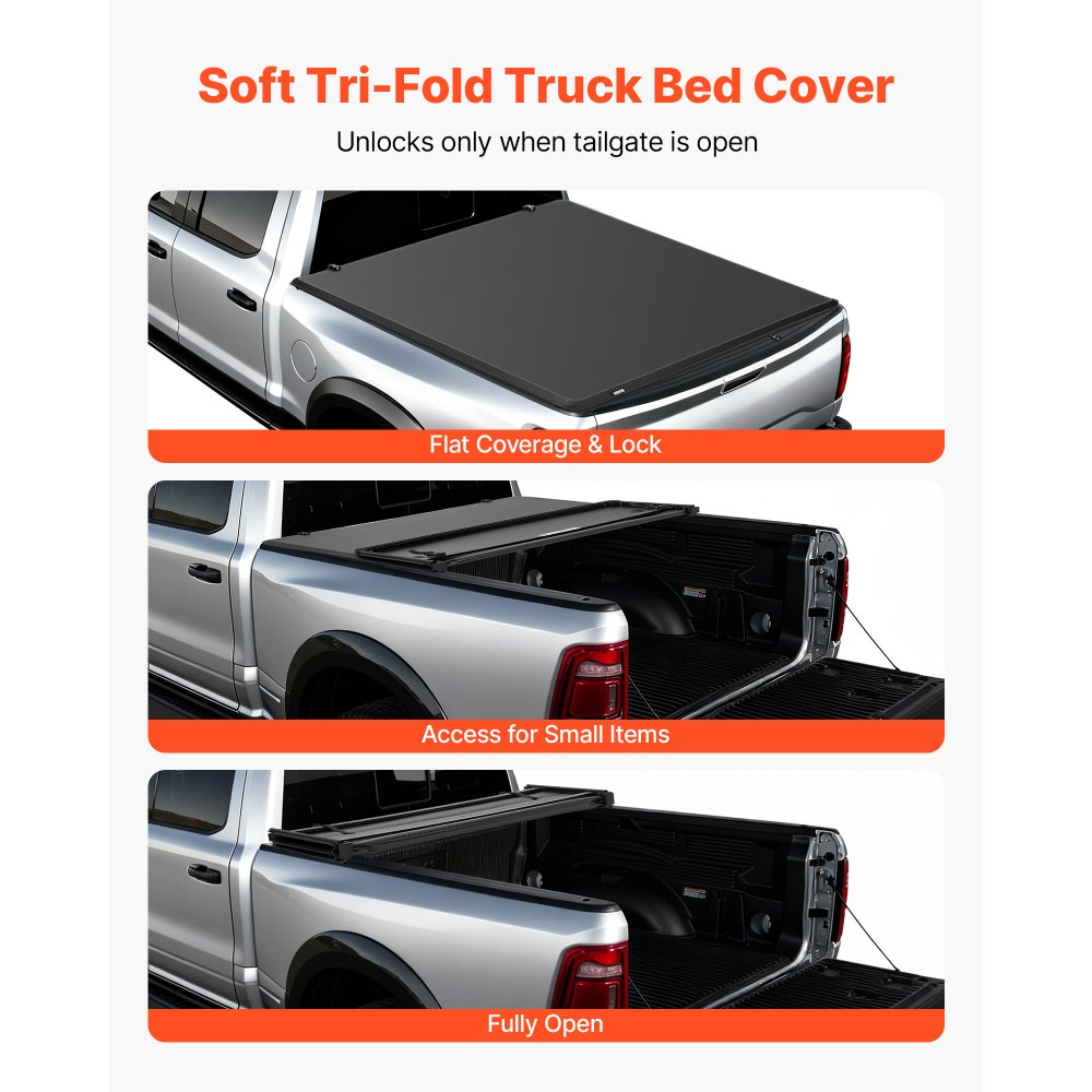 VEVOR Soft Tri-Fold Truck Bed Tonneau Cover, Compatible with 2009-2025 Dodge Ram 1500 (Incl. Classic & New) 5.7 ft (67.4 in) Bed, Fleetside Without Rambox, Split Tailgate, and Track System, Waterproof