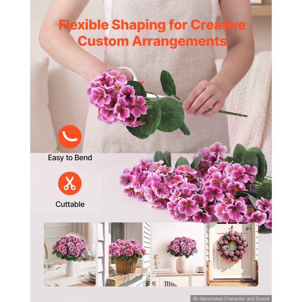 VEVOR Artificial Flowers Bulk Geraniums 24 PCS Faux Pink Flower with Stems, for Vase, Centerpieces, Weddings, Parties, Bouquets, Home Decor and DIY Arrangements, Realistic Fake Flowers, Easy to Care