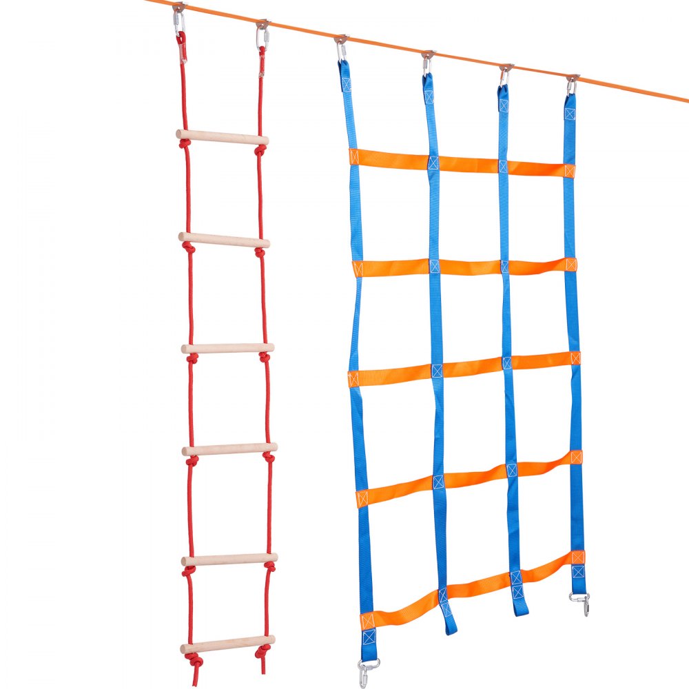 VEVOR Ninja Warrior Obstacle Course for Kids, 2 x 50 ft Weatherproof Slacklines, 500lbs Weight Capacity Monkey Line, Outdoor Playset Equipment, Backyard Toys Training Equipment Set with 10 Obstacles
