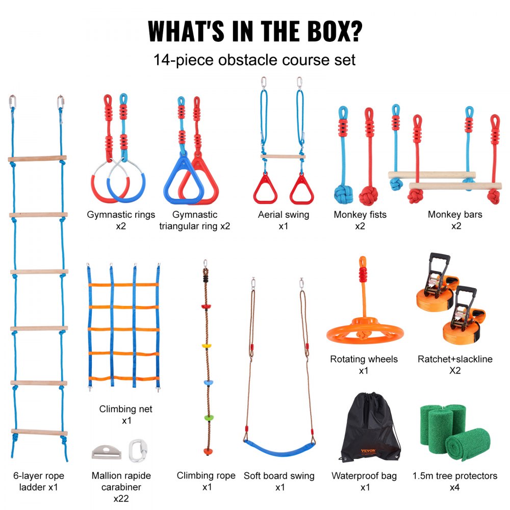 VEVOR Ninja Warrior Obstacle Course for Kids, 2 x 60 ft Weatherproof Slacklines, 500lbs Weight Capacity Monkey Line, Outdoor Playset Equipment, Backyard Toys Training Equipment Set with 14 Obstacles