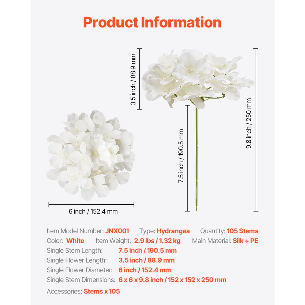 VEVOR Artificial Flowers, 105 pcs Real Looking White Silk Fake Hydrangea Bulk, White Faux Bridal Shower with Stems for DIY Wedding Bouquets, Home Centerpieces Arrangements, Party Tables Decorations