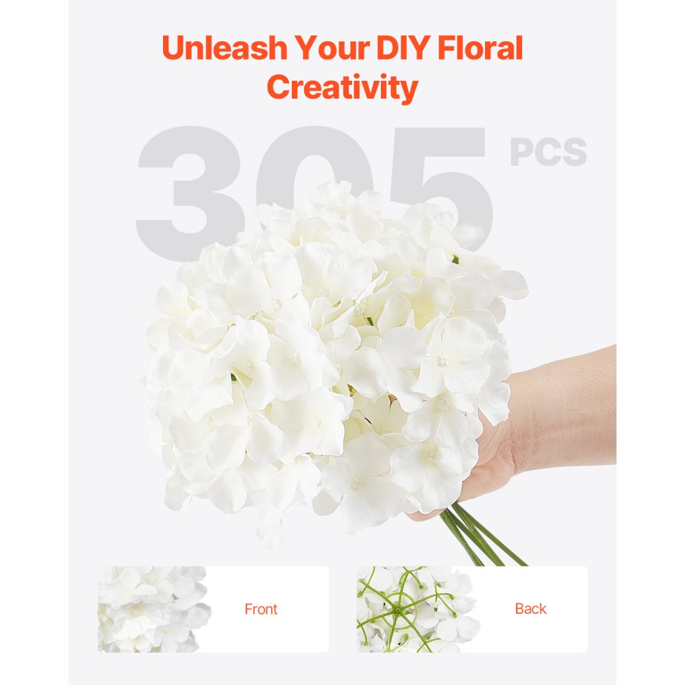VEVOR Artificial Flowers, 305 pcs Real Looking White Silk Fake Hydrangea Bulk, White Faux Bridal Shower with Stems for DIY Wedding Bouquets, Home Centerpieces Arrangements, Party Tables Decorations