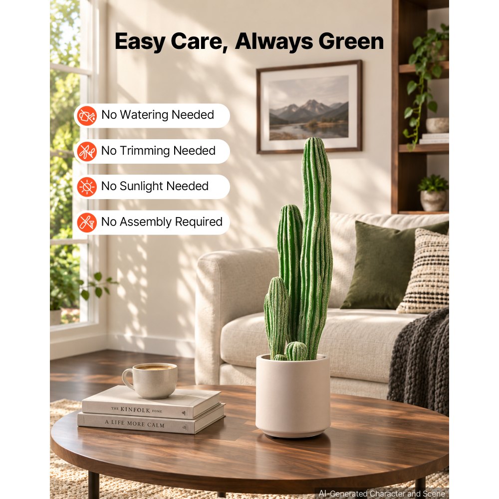 VEVOR Artificial Cactus, 24 in Tall Fake Cactus Plant with White Pot 1 Pack, for Home, Garden, Office, Living Room, Bedroom Indoor Decoration, Realistic Texture Large Faux Decor Plant, Premium HDPE