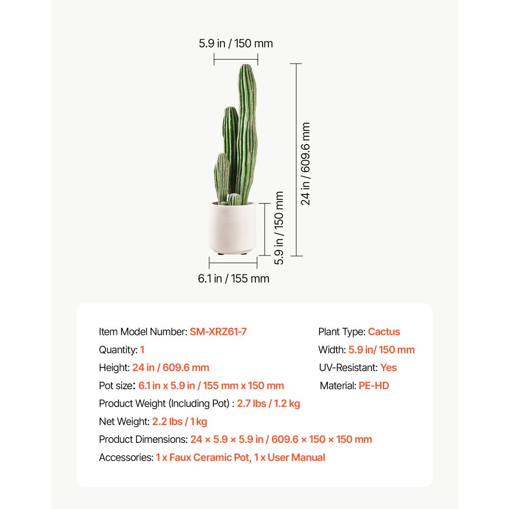 VEVOR Artificial Cactus, 24 in Tall Fake Cactus Plant with White Pot 1 Pack, for Home, Garden, Office, Living Room, Bedroom Indoor Decoration, Realistic Texture Large Faux Decor Plant, Premium HDPE