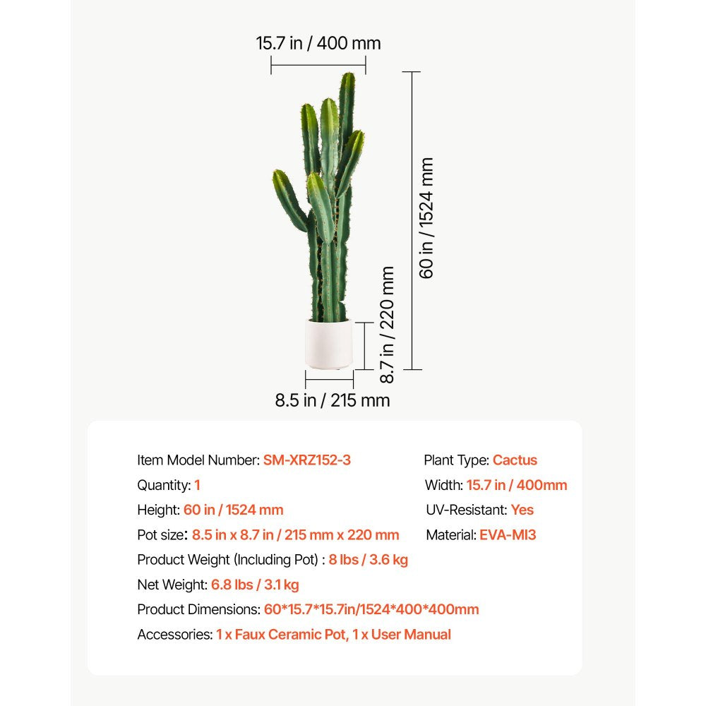 VEVOR Artificial Cactus, 60 in Tall Fake Cactus Plant with White Pot 1 Pack, for Home, Garden, Office, Living Room, Bedroom, Porch Indoor Decoration, 9 inch Wide, Realistic Texture Large Faux Plant