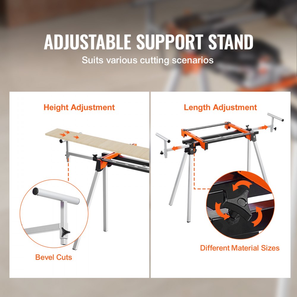 VEVOR Miter Saw Stand, 300lbs Load Capacity Steel Collapsible Stand for Miter Saw with One-piece Mounting Brackets Clamps, Adjustable Height and Length, Portable Compact and Folding Miter Saw Stand