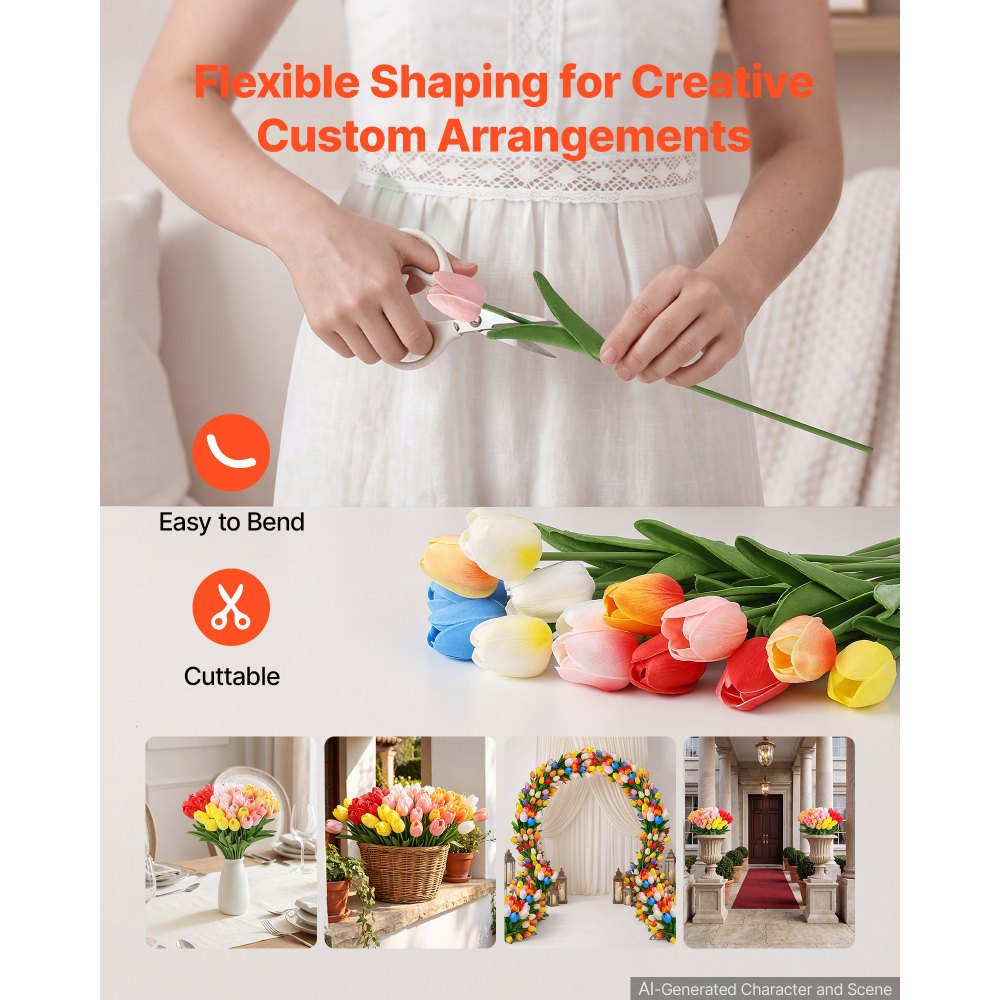 VEVOR Artificial Flowers Bulk Tulips 100 PCS Mixed Color Flower with Stems, Faux Flowers for Vase, Centerpieces, Weddings, Parties, Bouquets, Home Decor and DIY Arrangements, Realistic Fake Flower