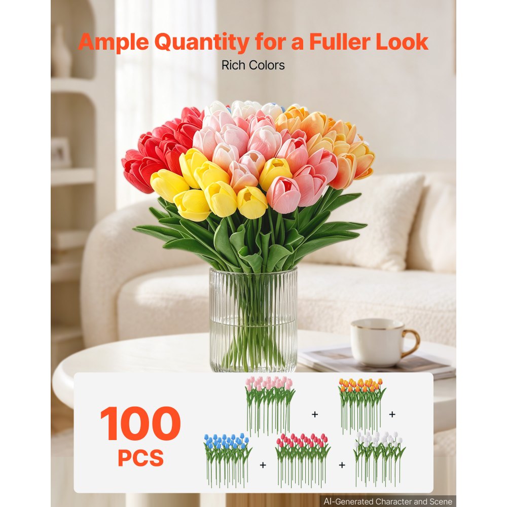 VEVOR Artificial Flowers Bulk Tulips 100 PCS Mixed Color Flower with Stems, Faux Flowers for Vase, Centerpieces, Weddings, Parties, Bouquets, Home Decor and DIY Arrangements, Realistic Fake Flower