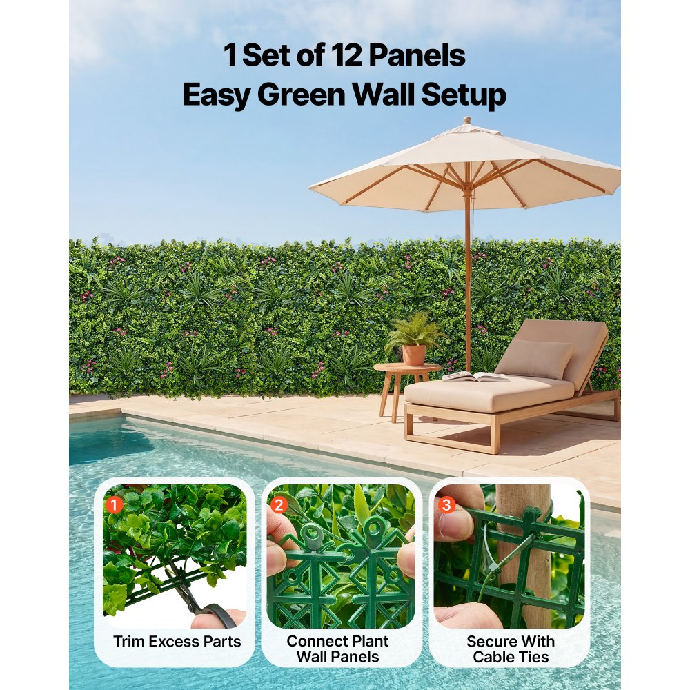 VEVOR Artificial Plant Wall, 12PCS 20 x 20 in Artificial Boxwood Panels, Greenery Backdrop Privacy Hedge Fence with Sun Protection, Fake Grass Wall Screen for Wedding, Indoor, Outdoor Garden, Backyard