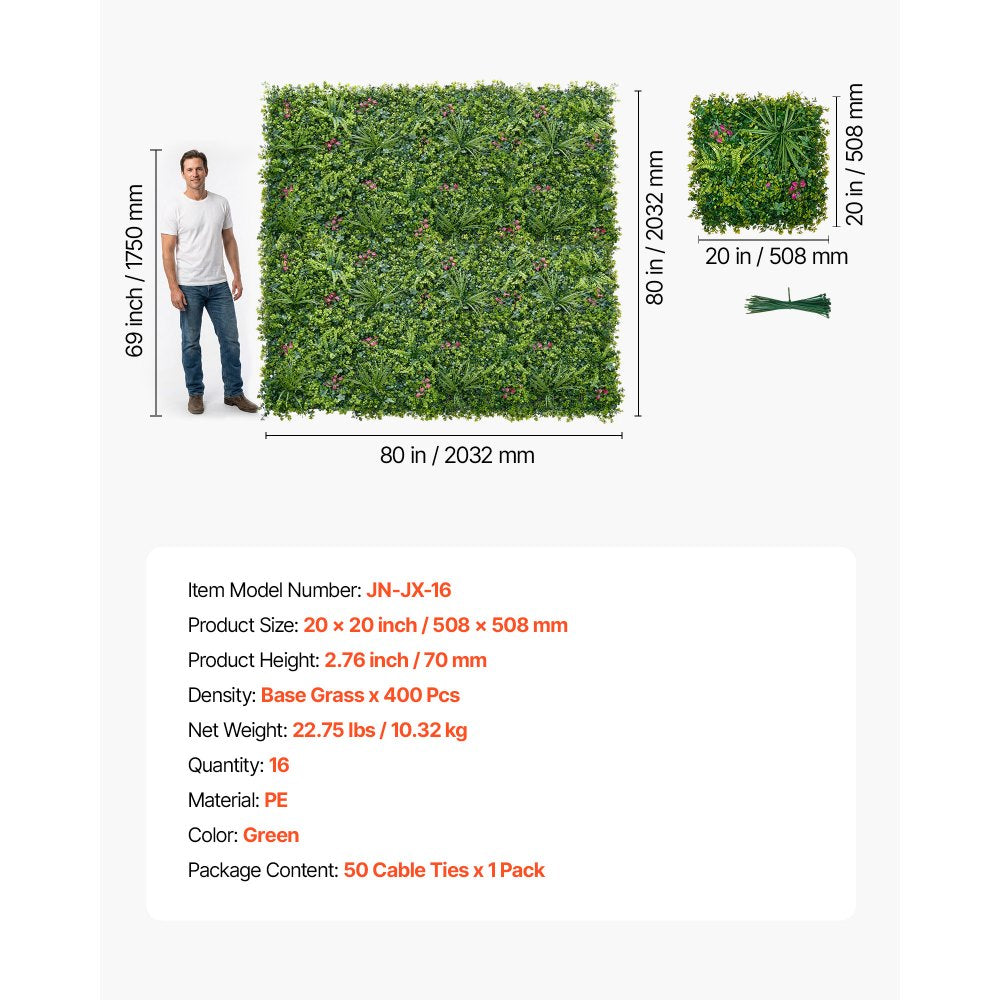 VEVOR Artificial Plant Wall, 16PCS 20 x 20 in Artificial Boxwood Panels, Greenery Backdrop Privacy Hedge Fence with Sun Protection, Fake Grass Wall Screen for Wedding, Indoor, Outdoor Garden, Backyard