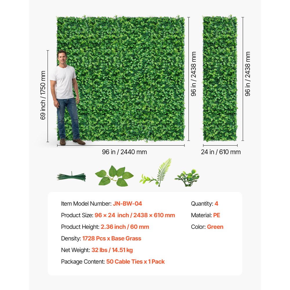 VEVOR Artificial Plant Wall, 4 PCS, Each Panel 2 x 8 ft Artificial Boxwood Panels, Sun Protection Greenery Backdrop Privacy Hedge Fence, Fake Grass Screen for Wedding, Indoor, Outdoor Garden, Backyard