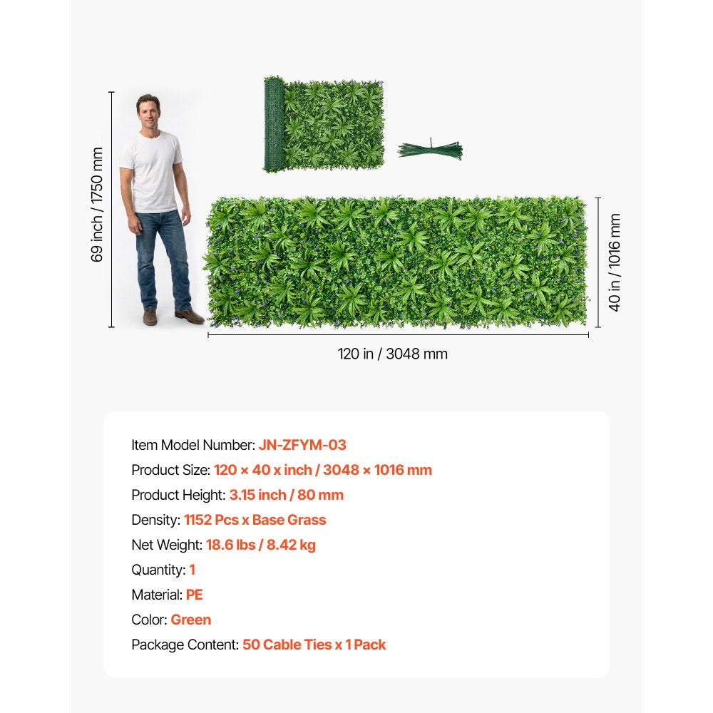 VEVOR Artificial Plant Wall, 40 x 120 in Artificial Boxwood Panels, Sun Protection Greenery Backdrop Privacy Hedge Fence, Fake Grass Screen for Wedding, Indoor, Outdoor Garden, Backyard (1 PC)