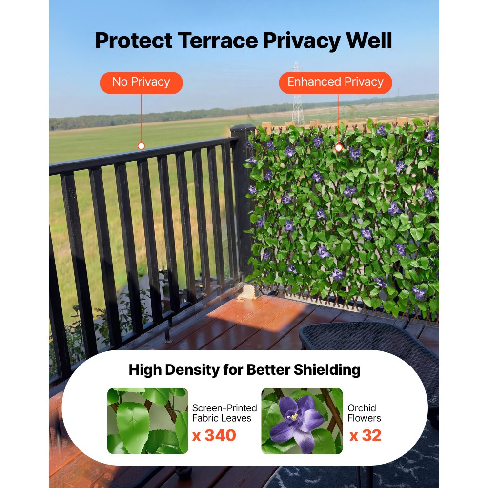 VEVOR Expandable Fence Privacy Screen, 25.5 x 122 in Expand Artificial Plant Wall, Realistic Artificial Ivy Panel with 50 Zip Ties, Decorative Faux Greenery Backdrop Hedges for Balcony Patio Outdoor