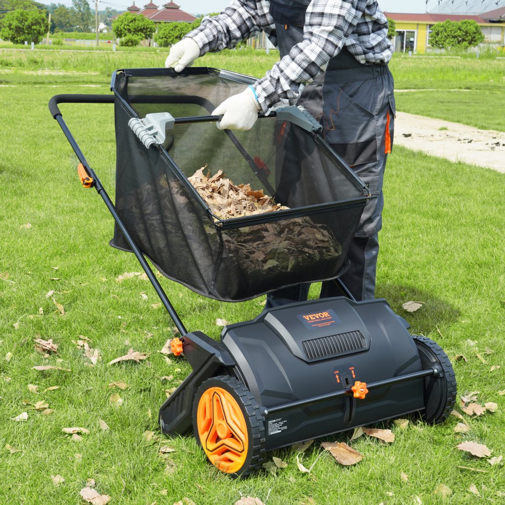 VEVOR Push Lawn Sweeper, 21inch Leaf & Grass Collector, Strong Plastic Wheels & Heavy Duty Thickened Steel Durable to Use with Large Capacity 3.5 cu. ft. Mesh Collection Hopper Bag, 2 Spinning Brushes