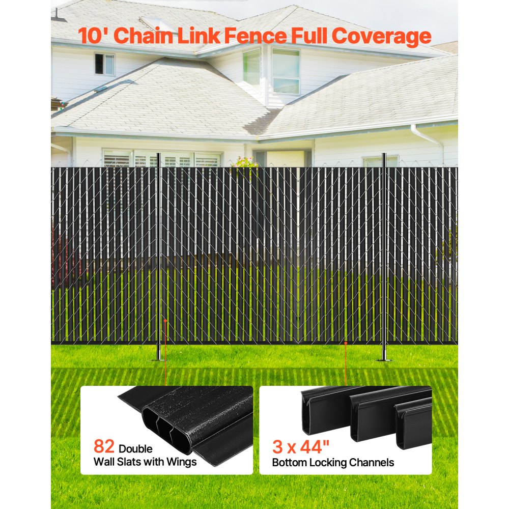 VEVOR Bottom Locking Privacy Slats, Double-Wall Vertical Bottom-Locking Slats with Wings for Chain-Link Fence, High-Density HDPE Chain Link Slats Ideally Fit 8' High Fence for Garden and Farm(Black)