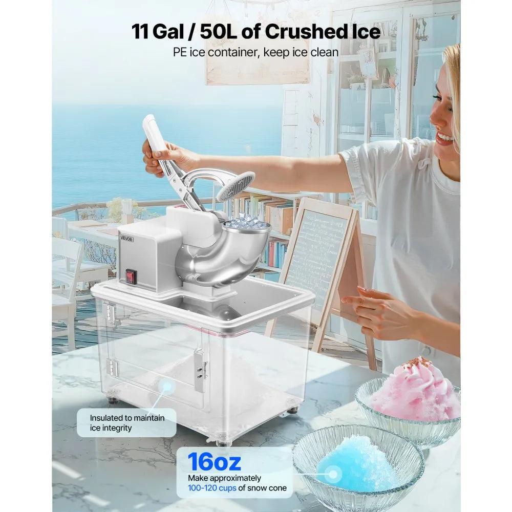 VEVOR Commercial Ice Crusher 661LBS/H, 350W Electric Snow Cone Machine with 4 Blades, 1400RPM Stainless Steel Shaved Ice Machine with 11 Gal Crushed-Ice Box, for Family Restaurants Bars, White