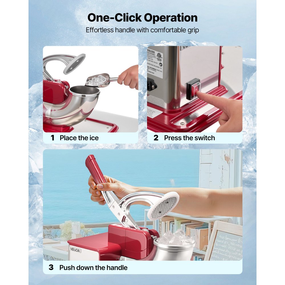 VEVOR Commercial Ice Crusher 661LBS/H, 350W Electric Snow Cone Machine with 4 Blades, 2000RPM Stainless Steel Shaved Ice Machine with 11 Gal Crushed-Ice Box, for Family Restaurants Bars, Red