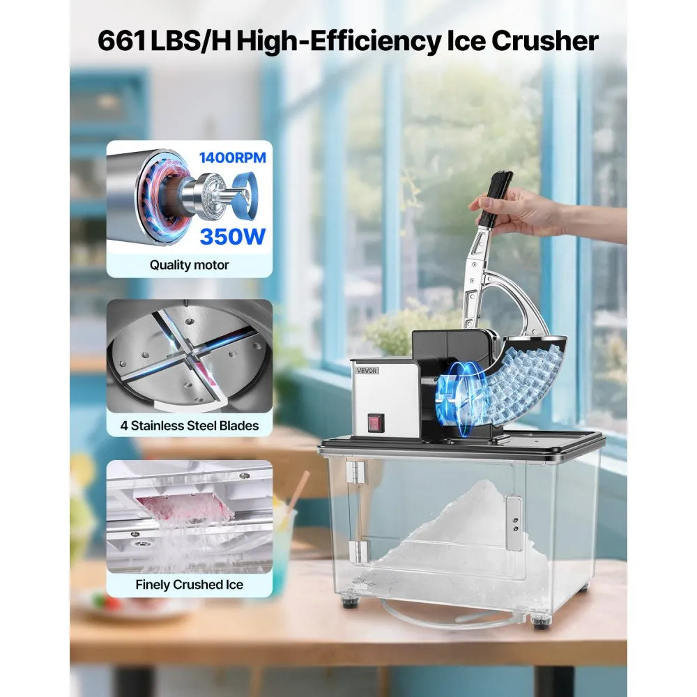 VEVOR Commercial Ice Crusher 661LBS/H, 350W Electric Snow Cone Machine with 4 Blades, 2000RPM Stainless Steel Shaved Ice Machine with 11 Gal Crushed-Ice Box, for Family Restaurants Bars, Black