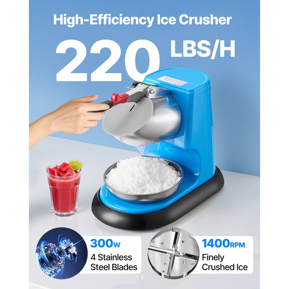 VEVOR Ice Crusher Machine, 220lbs Per Hour Electric 4 Blades Snow Cone Maker, Stainless Steel Shaved Ice Machine with Bowl and Cover, 300W 1400RPM Ice-Shaver for Home and Commercial Use, Blue