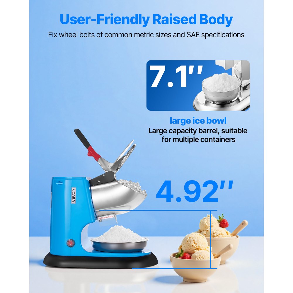 VEVOR Ice Crusher Machine, 220lbs Per Hour Electric 4 Blades Snow Cone Maker, Stainless Steel Shaved Ice Machine with Bowl and Cover, 300W 1400RPM Ice-Shaver for Home and Commercial Use, Blue