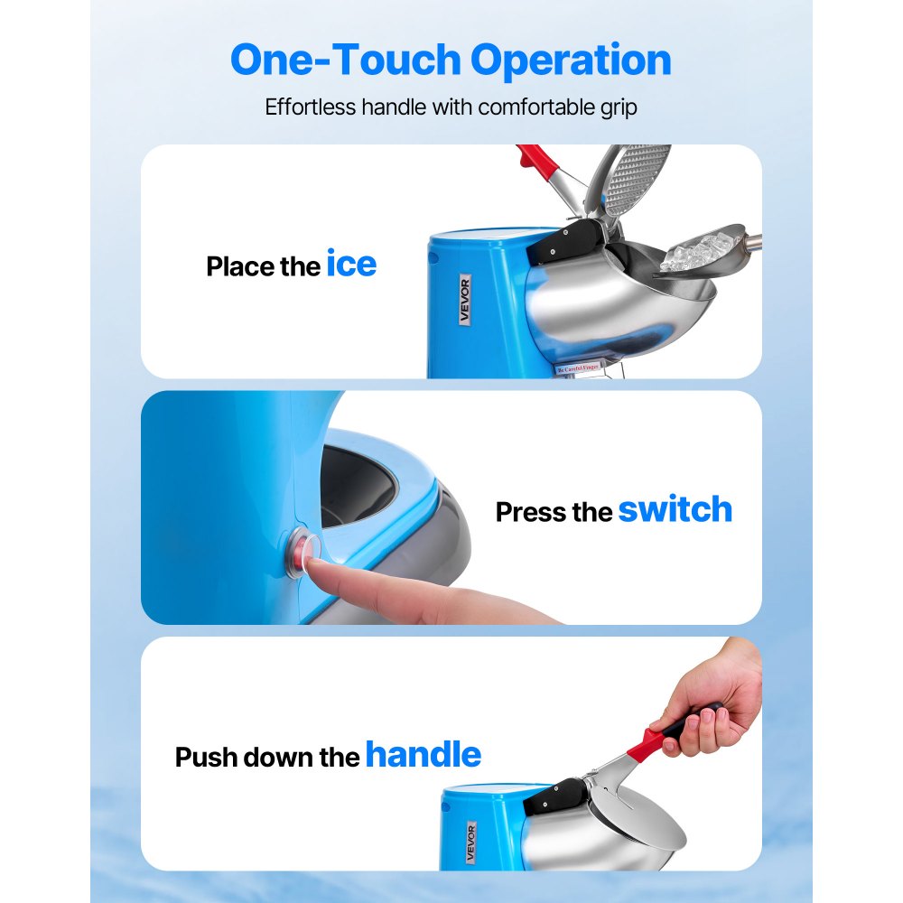 VEVOR Ice Crusher Machine, 220lbs Per Hour Electric 4 Blades Snow Cone Maker, Stainless Steel Shaved Ice Machine with Bowl and Cover, 300W 1400RPM Ice-Shaver for Home and Commercial Use, Blue