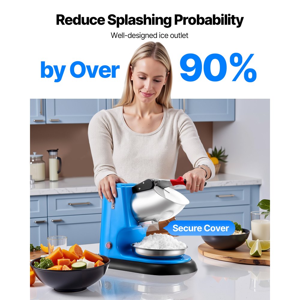 VEVOR Ice Crusher Machine, 220lbs Per Hour Electric 4 Blades Snow Cone Maker, Stainless Steel Shaved Ice Machine with Bowl and Cover, 300W 1400RPM Ice-Shaver for Home and Commercial Use, Blue
