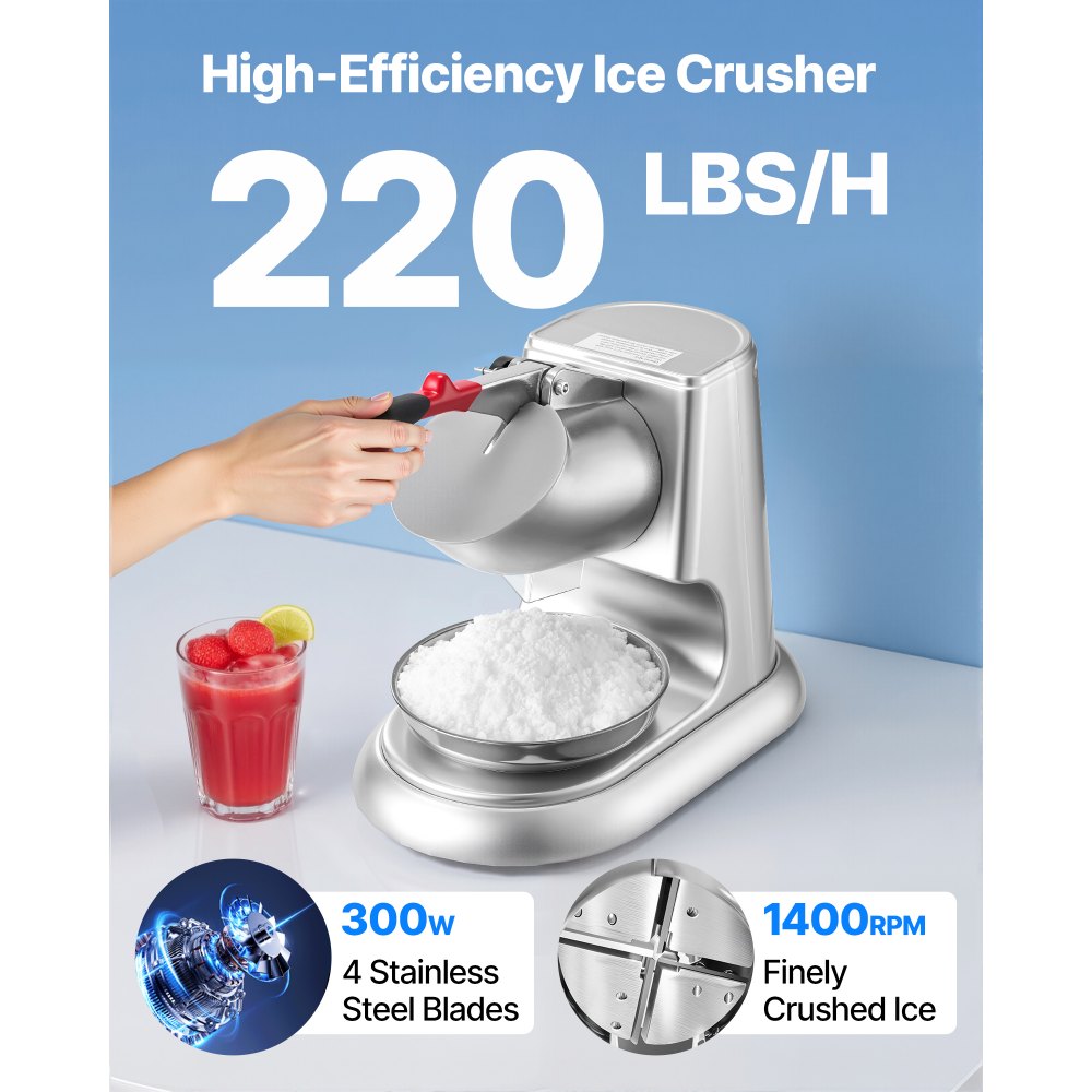 VEVOR Ice Crusher Machine, 220lbs Per Hour Electric 4 Blades Snow Cone Maker, Stainless Steel Shaved Ice Machine with Bowl and Cover, 300W 2000RPM Ice-Shaver for Home and Commercial Use, Silver