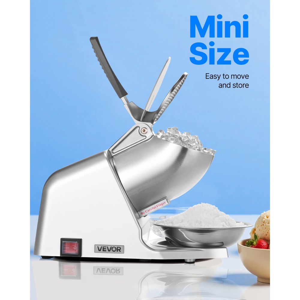VEVOR Ice Crusher Machine, 143lbs Per Hour Electric 2 Blades Snow Cone Maker, Stainless Steel Shaved Ice Machine with Bowl and Cover, 300W 2000RPM Ice-Shaver for Home and Commercial Use, Silver