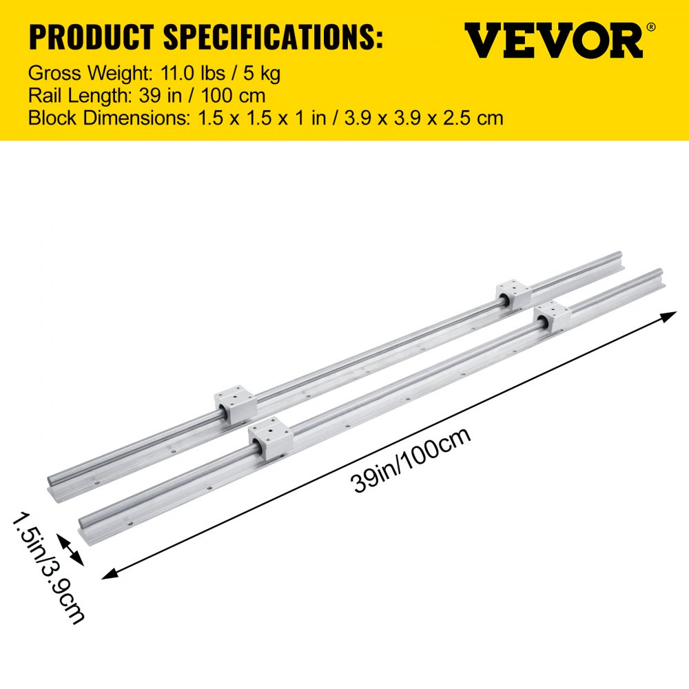 VEVOR Linear Rail, 2PCS SBR12-1000mm, Linear Guide 2 PCS Linear Guide Rails, 4 PCS Square Type Carriage Bearing Blocks, CNC Rail Linear Rails and Bearings Kit, for Automated Machines and Equipments