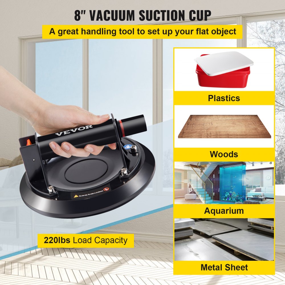 VEVOR Glass Suction Cup, 8\'\' Vacuum Suction Cup, 220lbs Load Capacity Vacuum Glass Lifter with Plastic Handle, Heavy-Duty Hand-Held Glass Lifter For Granite & Glass Lifting（With a free case）