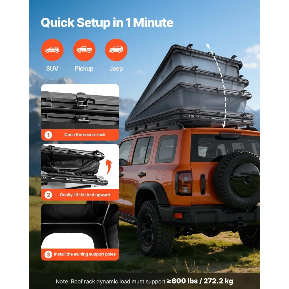 VEVOR Rooftop Tent Hard Shell, 2-3 Person Aluminum Roof Top Tent Hardshell with Tri-Color LED Light, Thick Mattress & 1 Window, Waterproof Windproof Overland Camping Car Roof Rack for Jeep SUV Pickup