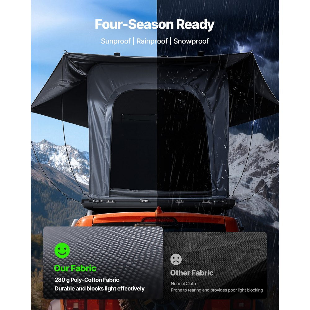 VEVOR Rooftop Tent Hard Shell, 2-3 Person Aluminum Roof Top Tent Hardshell with Tri-Color LED Light, Thick Mattress & 1 Window, Waterproof Windproof Overland Camping Car Roof Rack for Jeep SUV Pickup