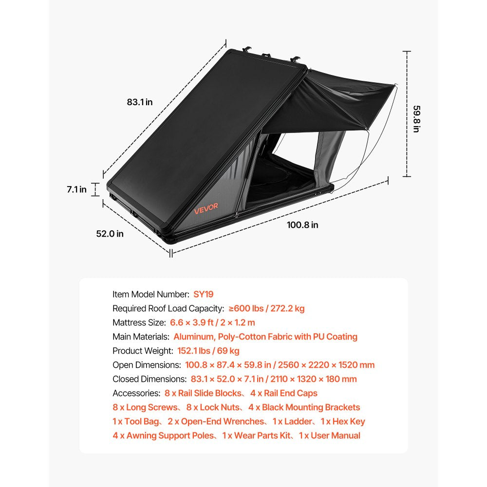 VEVOR Rooftop Tent Hard Shell, 2-3 Person Aluminum Roof Top Tent Hardshell with Tri-Color LED Light, Thick Mattress & 1 Window, Waterproof Windproof Overland Camping Car Roof Rack for Jeep SUV Pickup