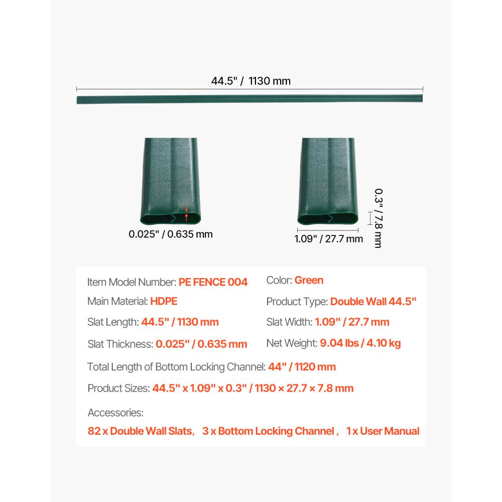 VEVOR Bottom Locking Privacy Slats, Double-Wall Vertical Bottom-Locking Slats for Chain-Link Fence, High-Density HDPE Chain Link Slats Ideally Fit 4' High Fence for Garden, Farm, Sports Field(Green)