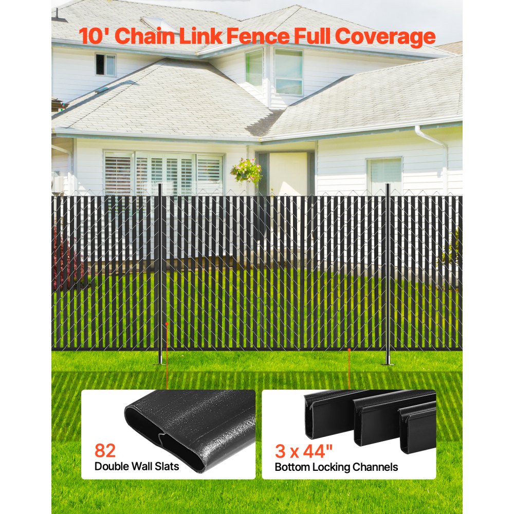 VEVOR Bottom Locking Privacy Slats, Double-Wall Vertical Bottom-Locking Slats for Chain-Link Fence, High-Density HDPE Chain Link Slats Ideally Fit 6' High Fence for Garden, Farm, Sports Field(Black)
