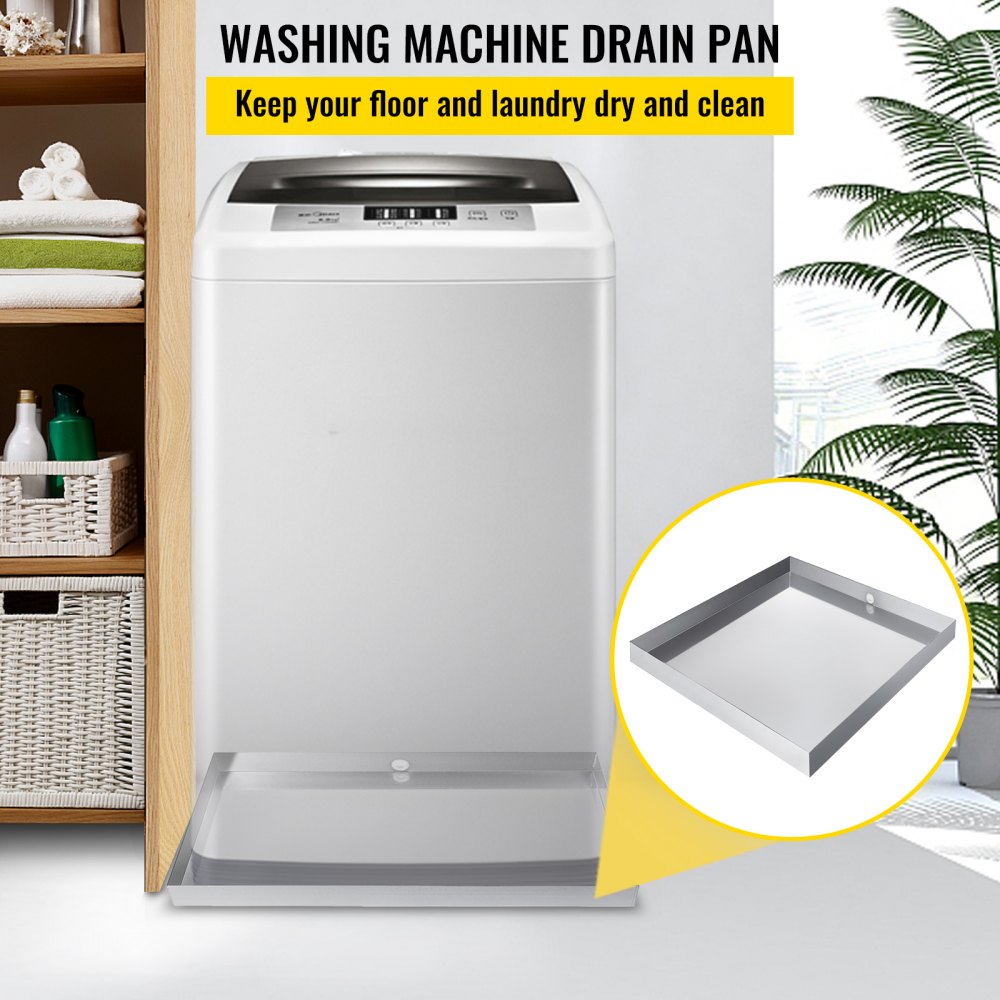 VEVOR 32 x 32 x 2.5 Inch Washing Machine Pan 18 GA Thickness 304 Stainless Steel Heavy Duty Compact Washer Drip Tray with Drain Hole & Hose Adapter