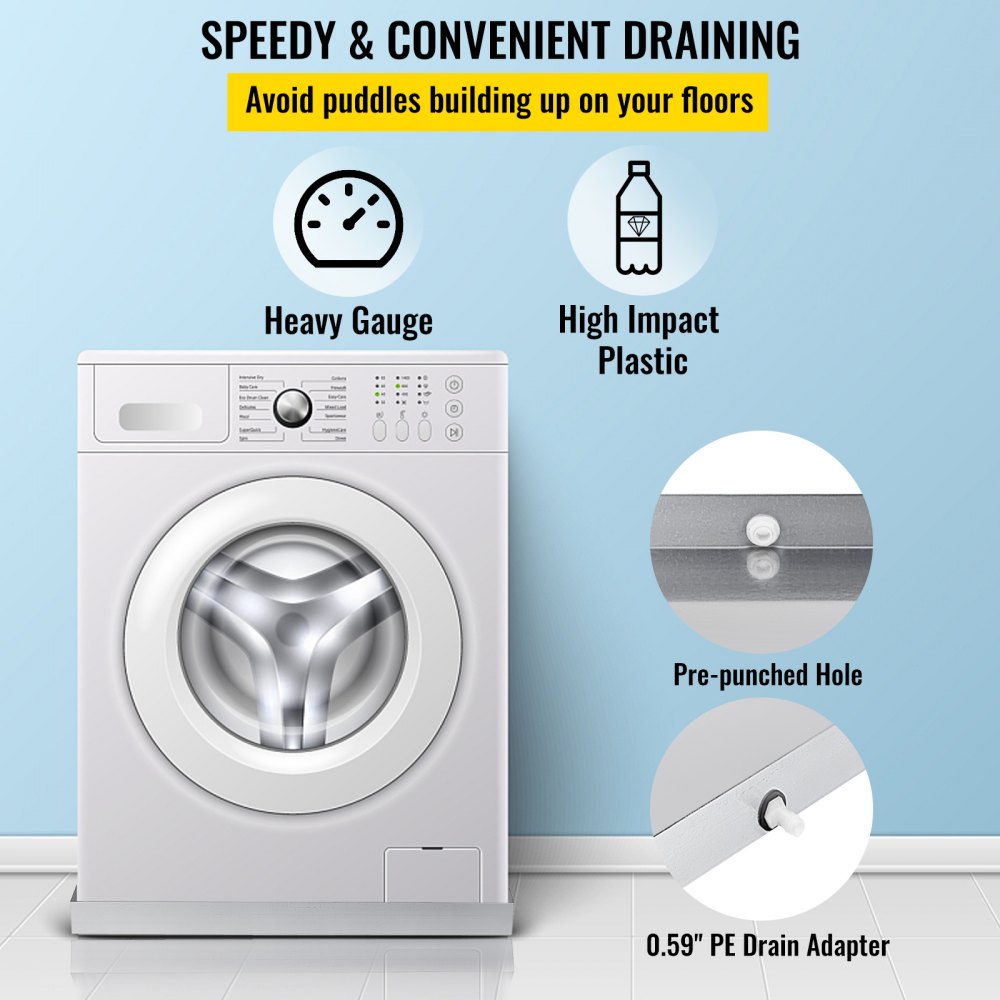 VEVOR 32 x 32 x 2.5 Inch Washing Machine Pan 18 GA Thickness 304 Stainless Steel Heavy Duty Compact Washer Drip Tray with Drain Hole & Hose Adapter