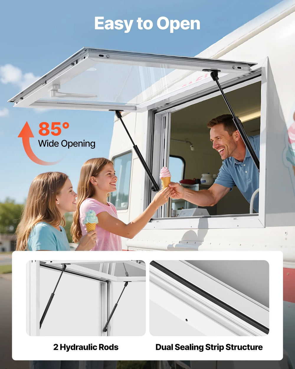 VEVOR Concession Window 36x24 in, Aluminum Alloy Service Window for Food Truck, Up to 85 Degrees Stand Serving Window with 2 Sliding Windows, Awning Door, and Drag Hook, for Concession Trailers