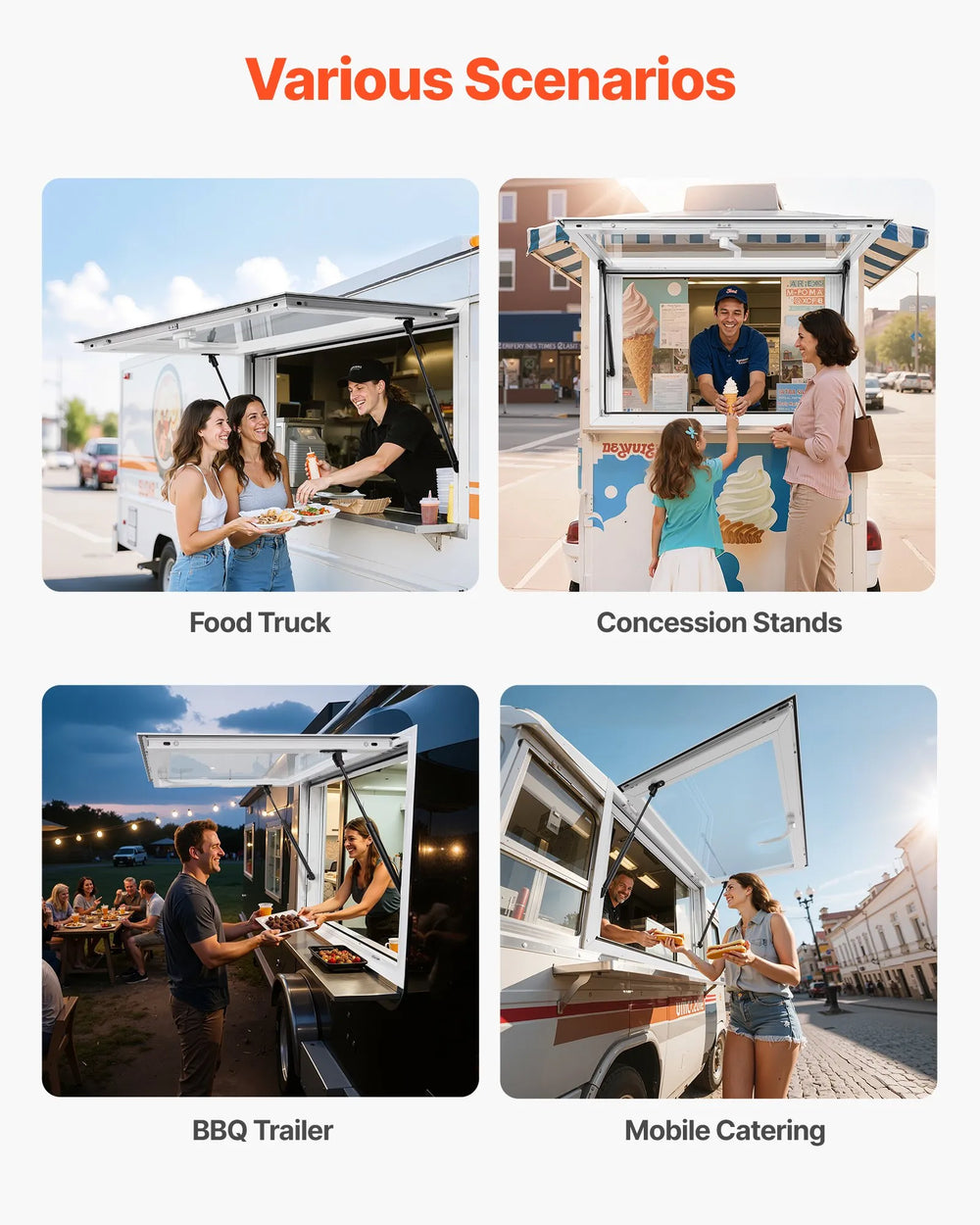 VEVOR Concession Window 36x24 in, Aluminum Alloy Service Window for Food Truck, Up to 85 Degrees Stand Serving Window with 2 Sliding Windows, Awning Door, and Drag Hook, for Concession Trailers