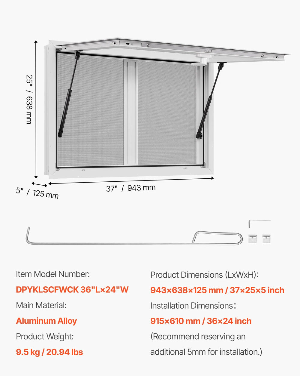 VEVOR Concession Window 36x24 in, Aluminum Alloy Service Window for Food Truck, Up to 85 Degrees Stand Serving Window with 2 Sliding Windows, Awning Door, and Drag Hook, for Concession Trailers