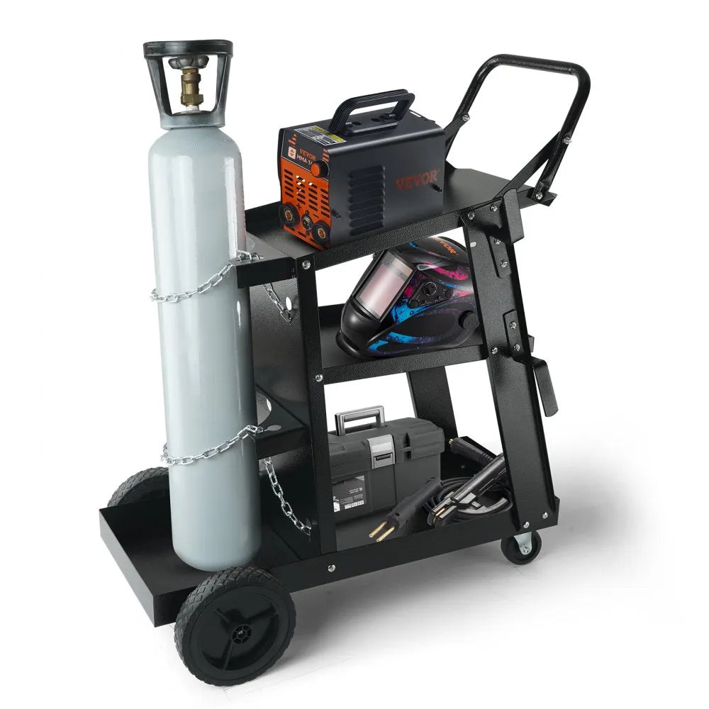 VEVOR Welding Cart, 3-Tier Welder Cart Heavy Duty with 400 Lbs Weight Capacity, 360° Swivel Wheels, Tank Storage Safety Chains, Rolling MIG Welder Cart for TIG, ARC, MMA, Plasma Cutter Welding Machine