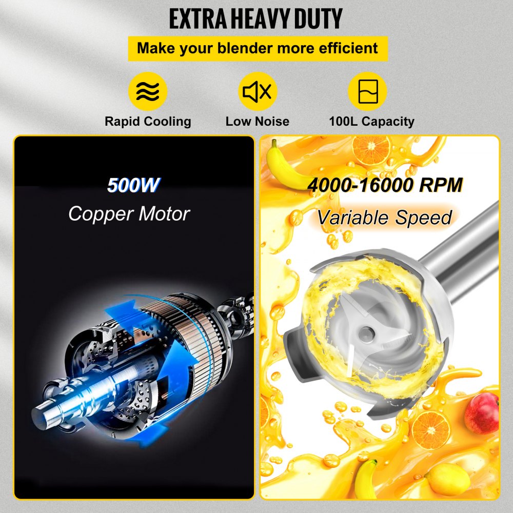 VEVOR Commercial Immersion Blender 500W Power, Hand Held Mixer with 15.7-Inch 304 Stainless Steel Removable Shaft, Electric Stick Blender Variable Speed 4000-16000RPM