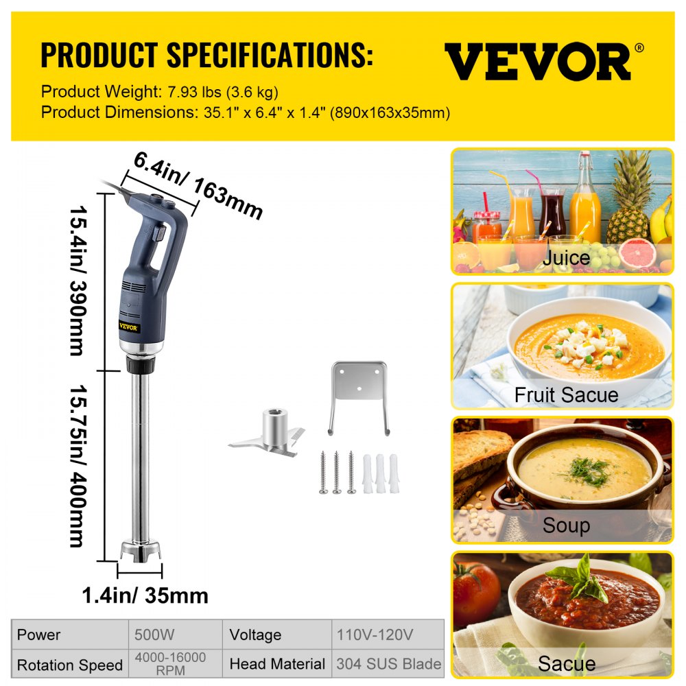 VEVOR Commercial Immersion Blender 500W Power, Hand Held Mixer with 15.7-Inch 304 Stainless Steel Removable Shaft, Electric Stick Blender Variable Speed 4000-16000RPM