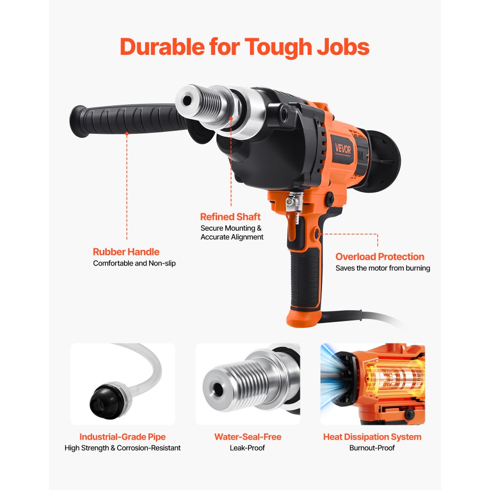 Durable design highlights (rubber handle, refined shaft, overload protection, water-seal-free, heat dissipation)