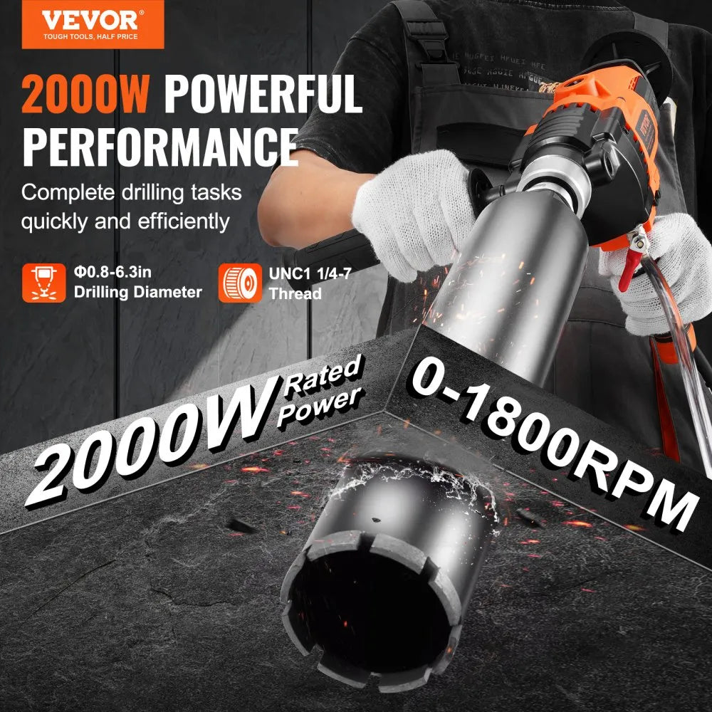 VEVOR Core Drill Machine, 0.8-6.3in Drilling Diameter Handheld Diamond Core Drill Rig with Carrying Case, 2000W Rugged Concrete Core Drill, Wet and Dry Use, For Drilling Concrete and Mixing Paint