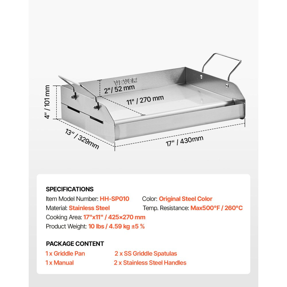 VEVOR Stainless Steel Griddle, 17x13 inch Universal Flat Top Rectangular Plate, Gas Grill Griddle for BBQ Grill, Teppanyaki, Portable Family Cookware with Handle, for Camping Tailgating Party