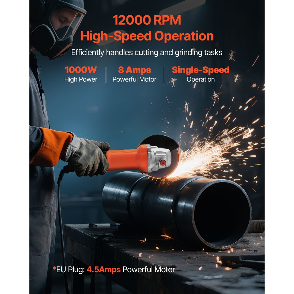 VEVOR Angle Grinder, 4-1/2" Electric Grinder Power Tool, 8Amps 12000RPM High-Speed Corded Angle Grinders with 230° Adjustable Dust Guard for Metal Grinding, Cutting, Rust Removal (Disc Not Included)