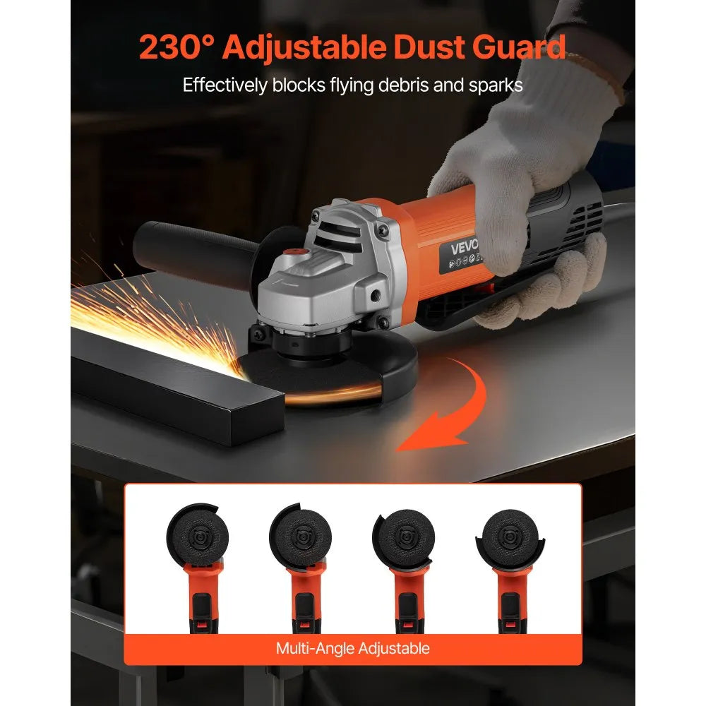 VEVOR Angle Grinder, 4-1/2" Electric Grinder Power Tool, 8Amps 12000RPM High-Speed Corded Angle Grinders with 230° Adjustable Dust Guard for Metal Grinding, Cutting, Rust Removal (Disc Not Included)